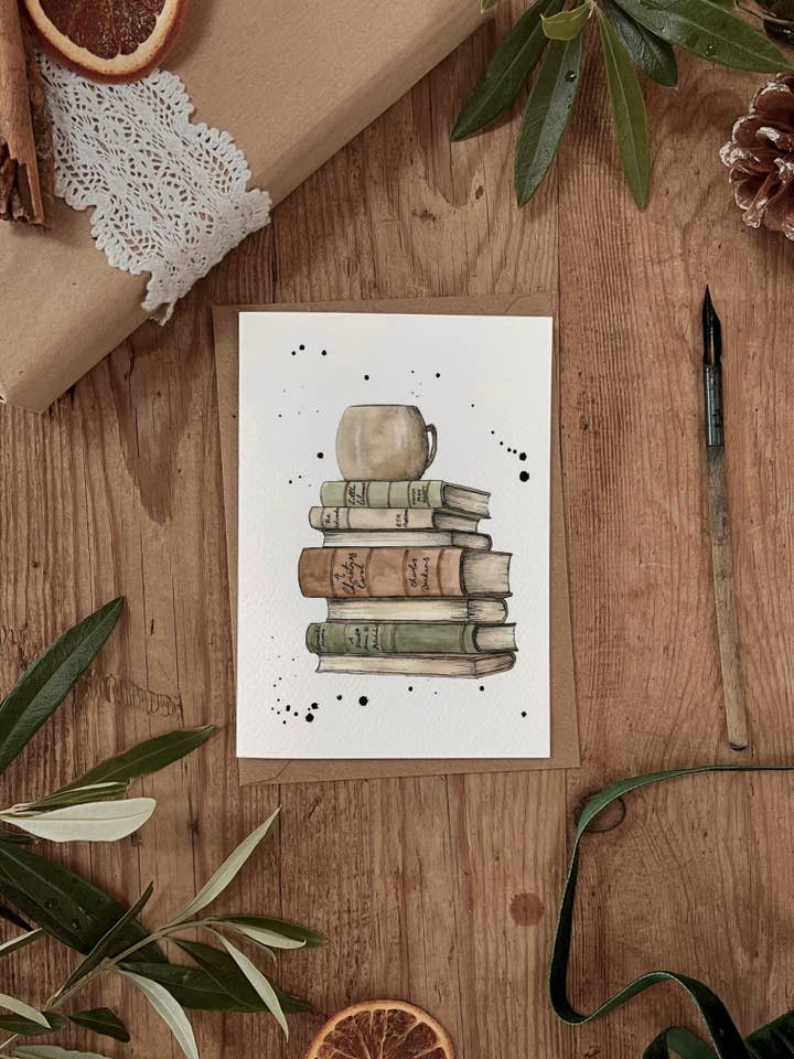 A Christmas Tale Bookworm Watercolour & Ink Christmas Card for wholesale by Brooke Marie