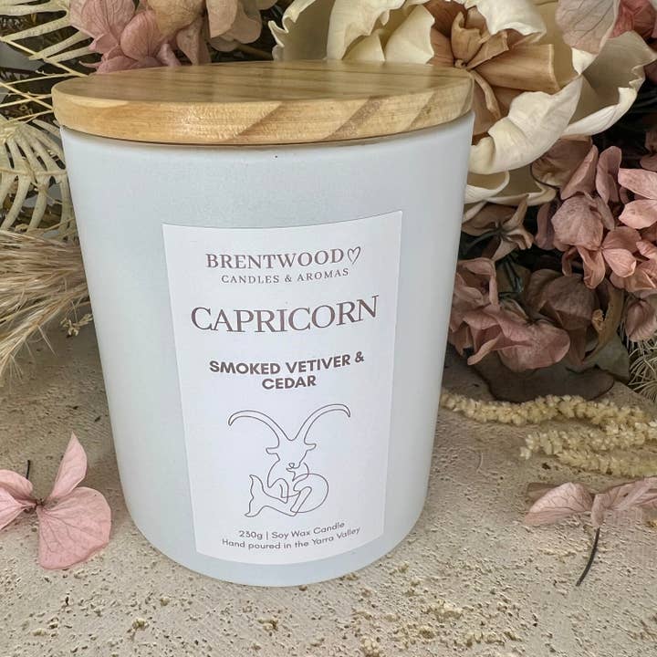 Zodiac Candle: Capricorn - Smoked Vetiver & Cedar for wholesale by Brentwood Collective