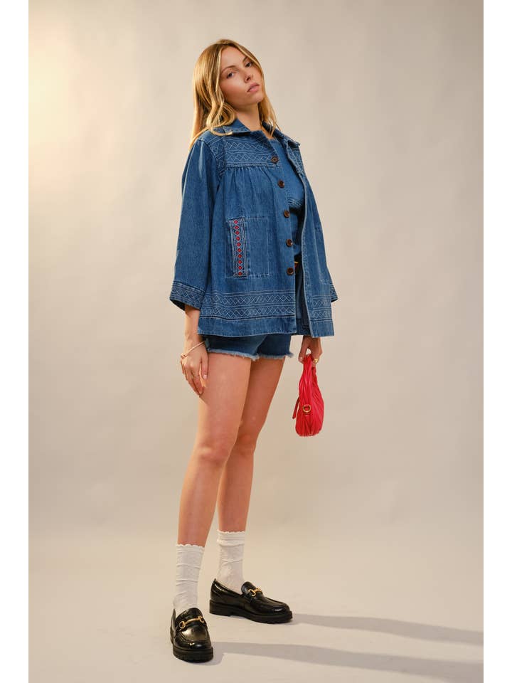 MED WASH 23652J Embroidery Detailed Over Sized Denim Jacket for wholesale on Faire4