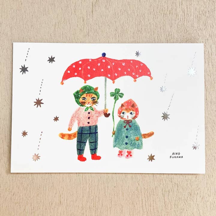 Aiko Fukawa Postcard | Raindrop Foil Cats | for wholesale by 「FUNJI」In Japan