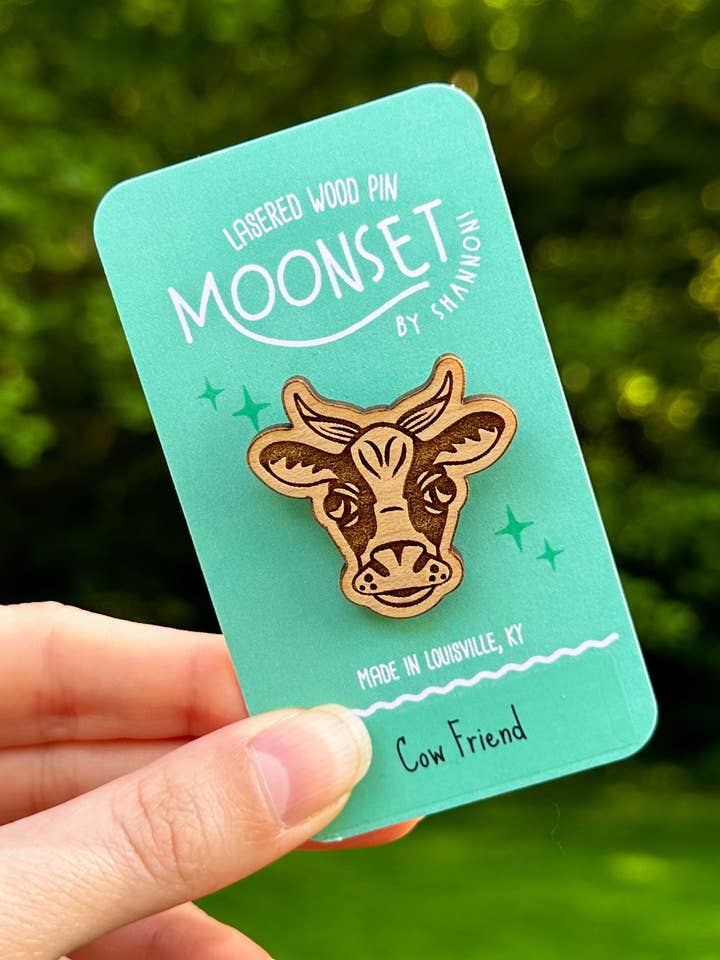 Cow Friend Wood Lapel Pin for wholesale by Moonset
