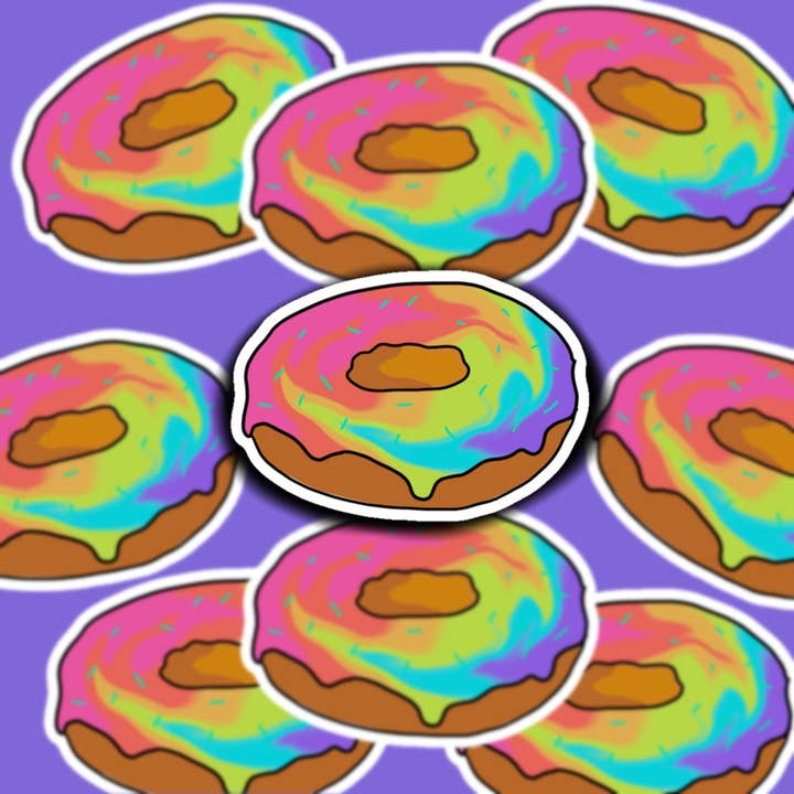 Adesivo a forma di ciambella, Tie Dye/Rainbow (normale o mini), impermeabile, adesivo per laptop, bottiglia d'acqua, adesivo carino, adesivo per auto, adesivo resistente alle intemperie per la vendita all'ingrosso da parte di Buzz Tie Dye Creations