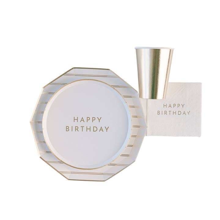 Bonjour Fête - Wholesale Disposable plate - WHITE & GOLD SIGNATURE HAPPY BIRTHDAY SMALL PLATES1