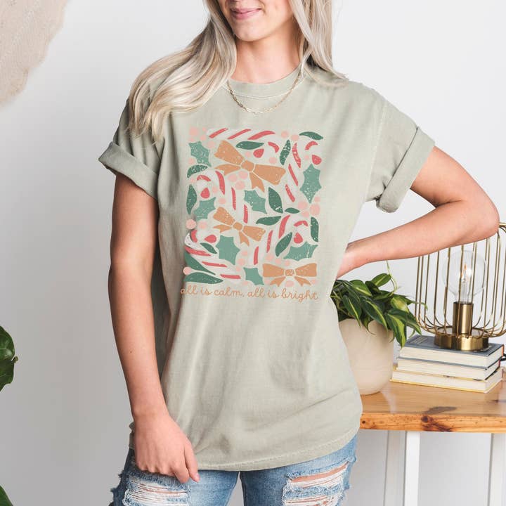 Scripted Pearl - Wholesale Screen Printed T-Shirt - Women's - All Is Calm All Is Bright Comfort Colors Christmas T Shirt2