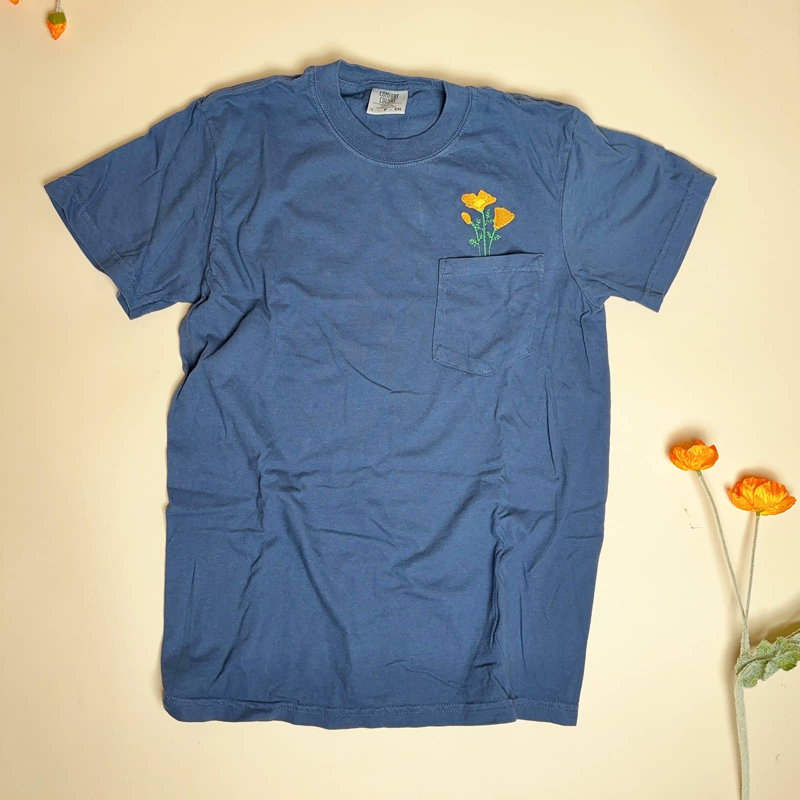 Animal Instincts - Wholesale T-Shirt - Unisex - California Poppy Embroidered Unisex Cotton Pocket Tee3
