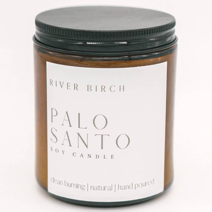 Palo Santo, barattolo color ambra, candela di soia per la vendita all'ingrosso da parte di River Birch Candles