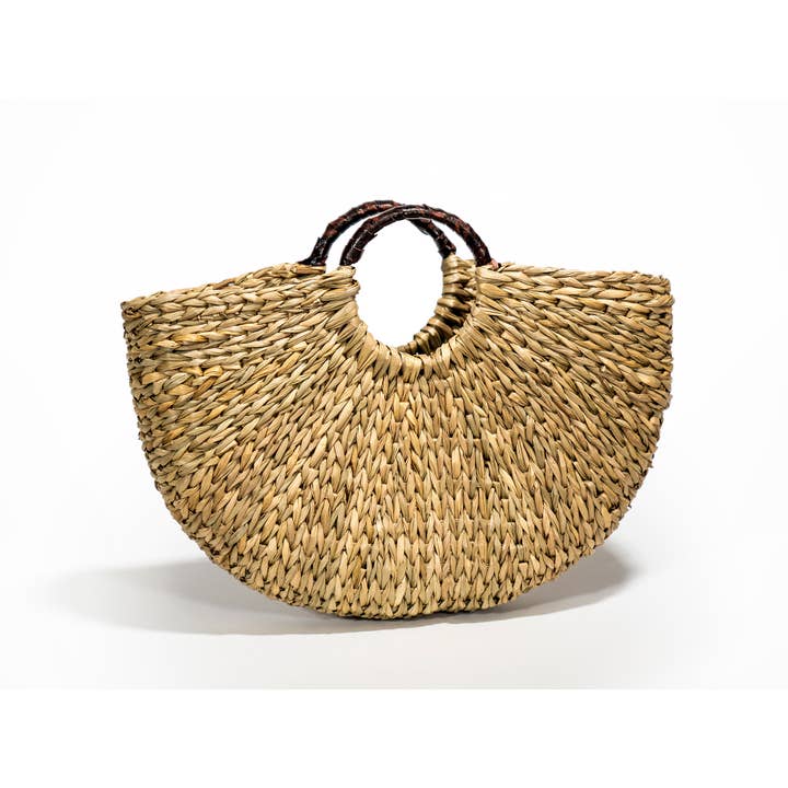 SOHUMAN – Großhandel Tragetasche – Damen – Geflochtener Korb mit rundem braunem Griff aus Raffia und Leder