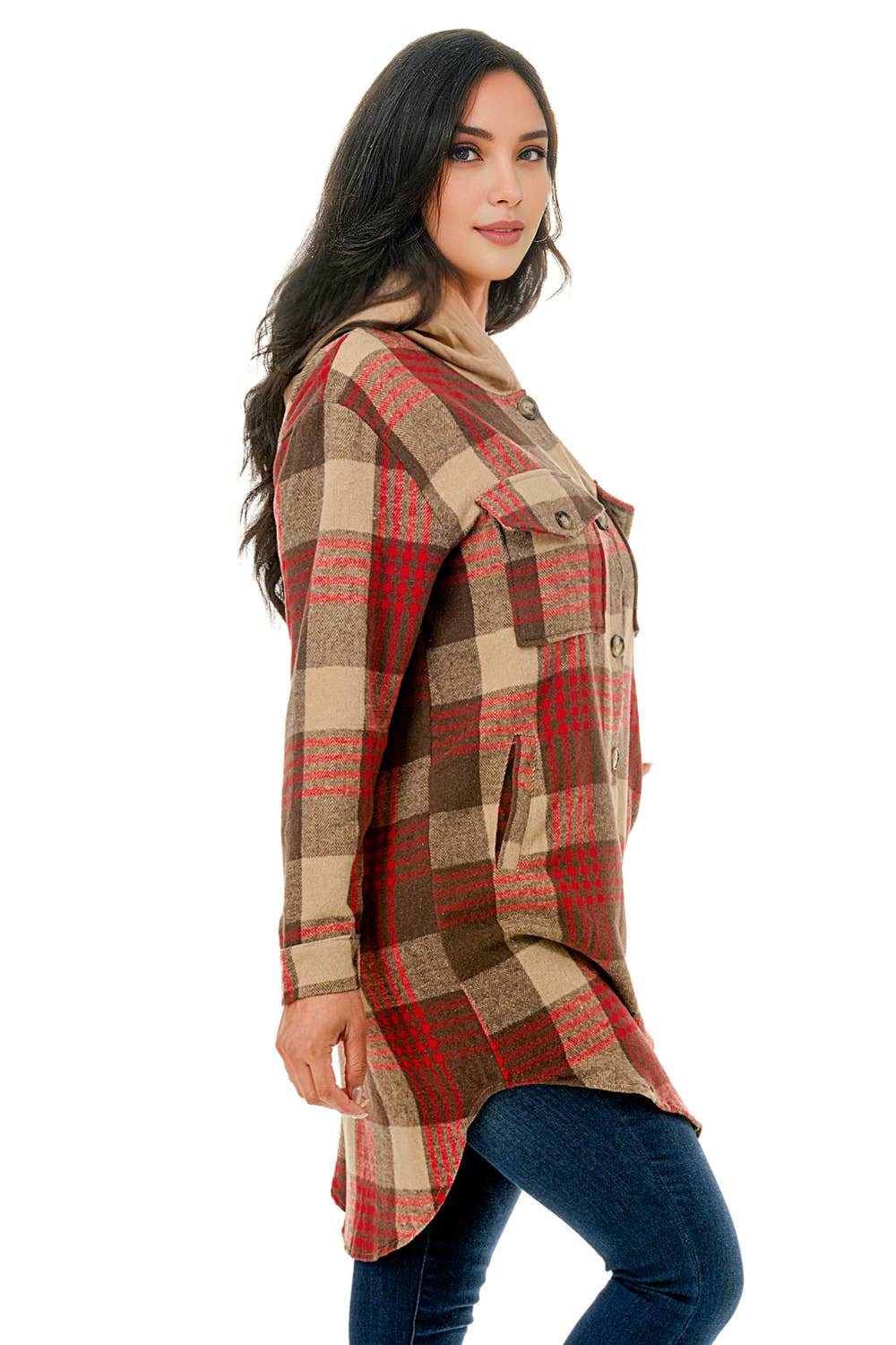 Color 5 - Wholesale Shirt Jacket/Shacket - Women's - Red beige plaid flannel long shacket with hoodie and pockets6