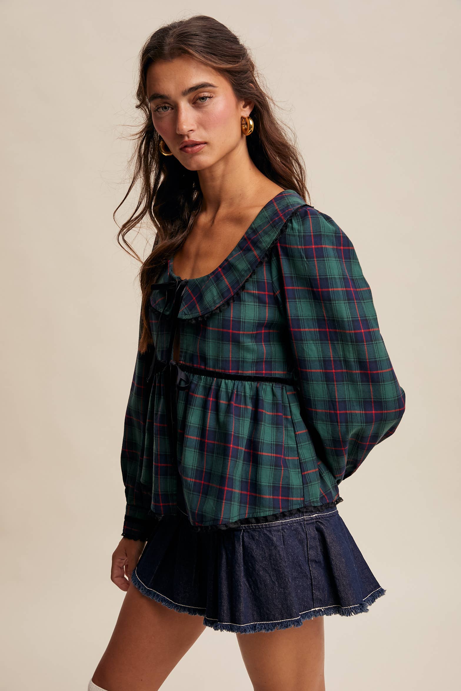 Listicle - Wholesale Blouse - Women's - Plaid Velvet Trim Holiday Blouse LT144613