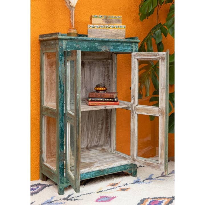 Namaste - Venta al por mayor Armario - Armario vintage de 2 puertas de madera y vidrio verde oscuro
