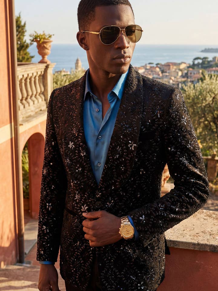 Herre Rhinestones Studs Sjalskrave Blazer 5EBL21 for engroshandel hos BARABAS