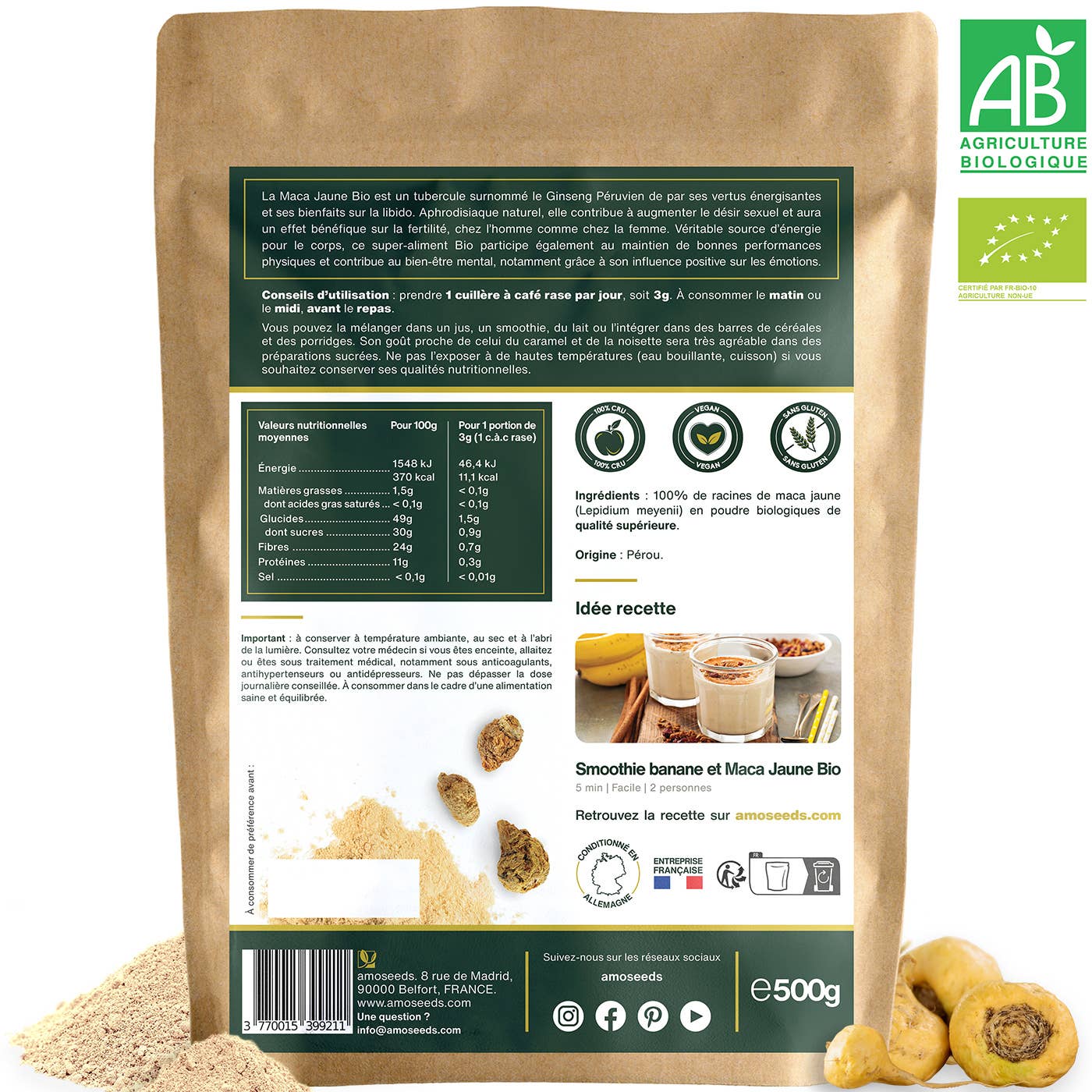Amoseeds - Wholesale Protein/Superfood Powder - Organic Yellow Maca Powder 500g1