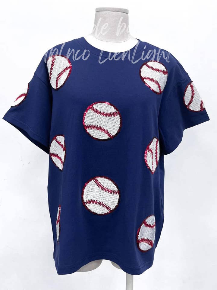 Navy Baseball Game Day Sequins Beading T-Shirt for wholesale by ABLNco