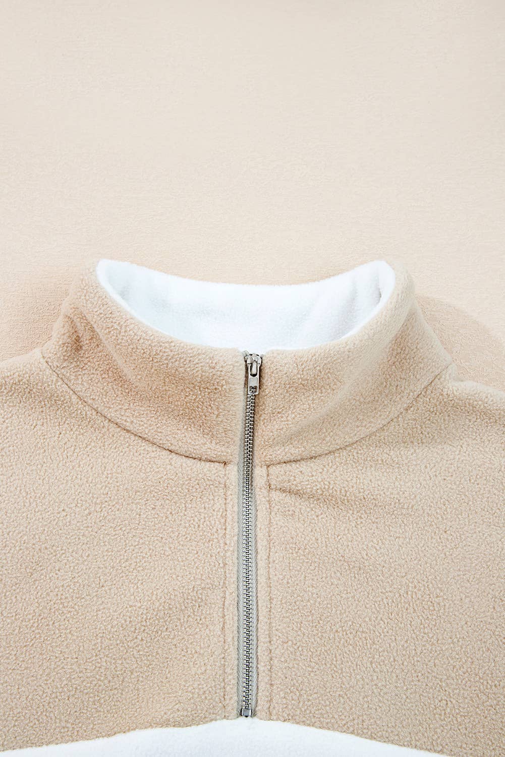 Beige Fleece Patchwork Zipped Neck Pullover Sweatshirt (S-XL) for wholesale on Faire5