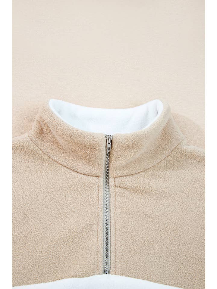 Beige Fleece Patchwork Zipped Neck Pullover Sweatshirt (S-XL) for wholesale on Faire5