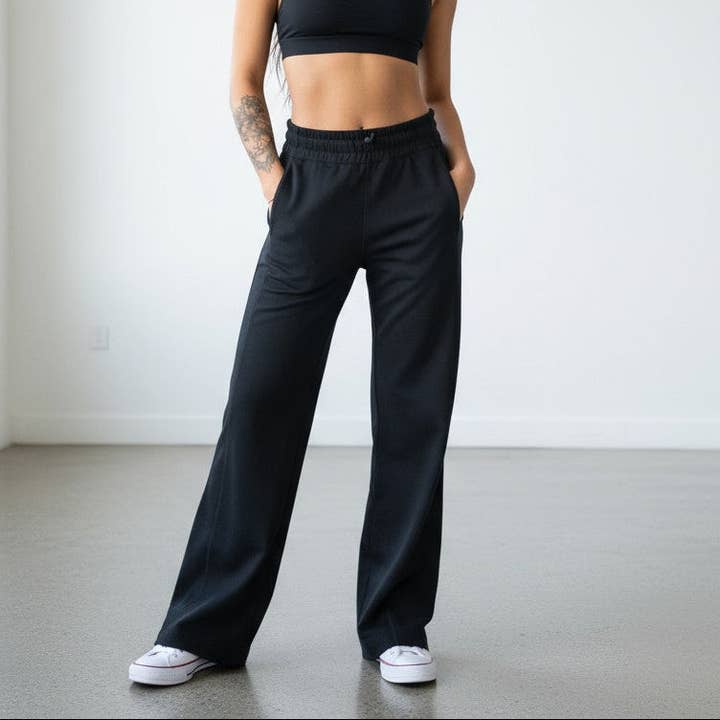 Højtaljede Ribstrikkede Bukser med Vide Ben | BLACK LABEL for engroshandel hos DYM Athletics