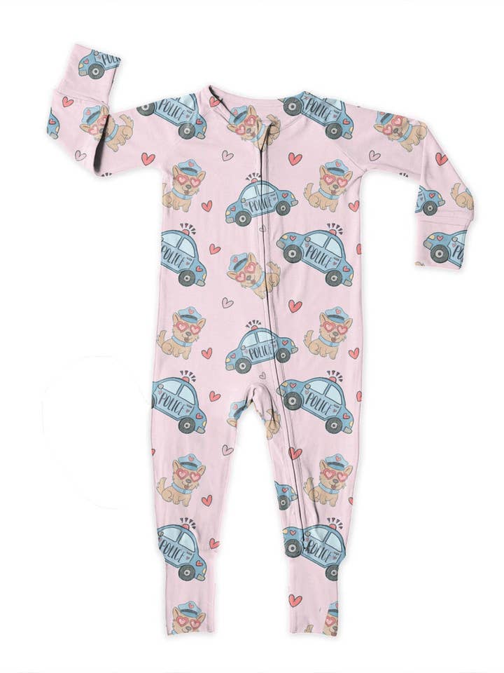 Valentine Pink Police, Bamboo Zipper Footie for wholesale by Miller & Co.
