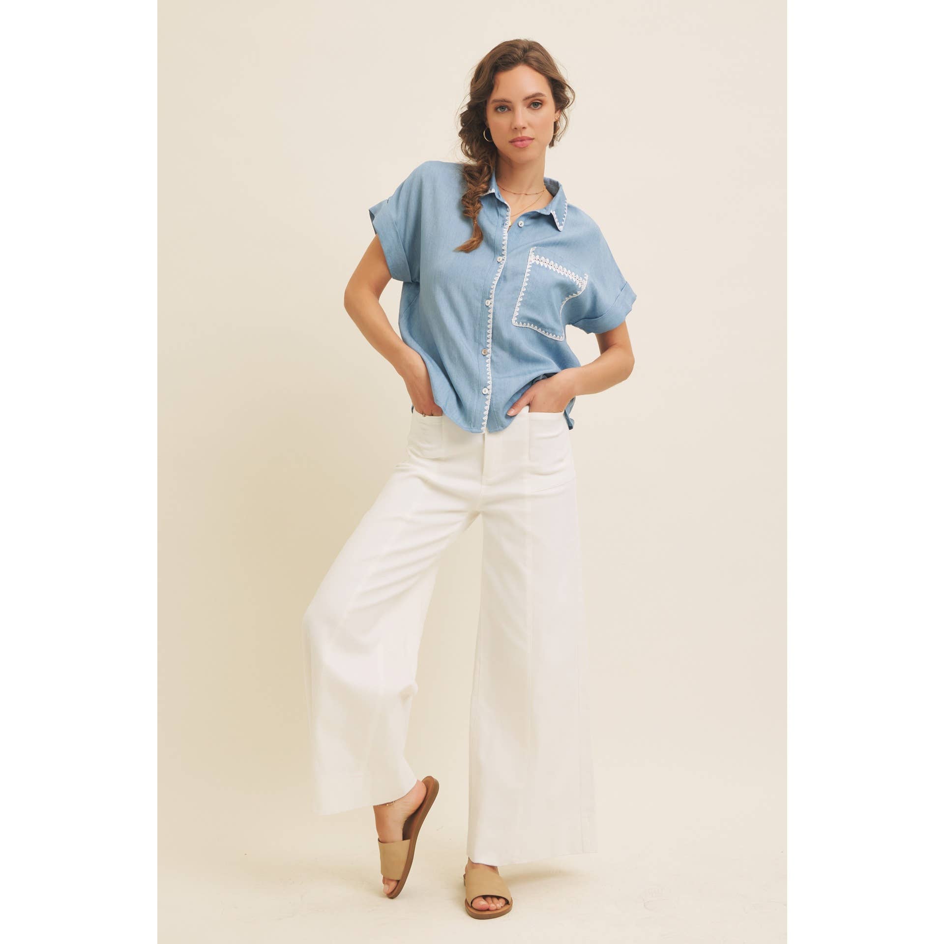 WASHED CHAMBRAY BUTTON-DOWN SHIRT WITH STITCHING for wholesale on Faire10