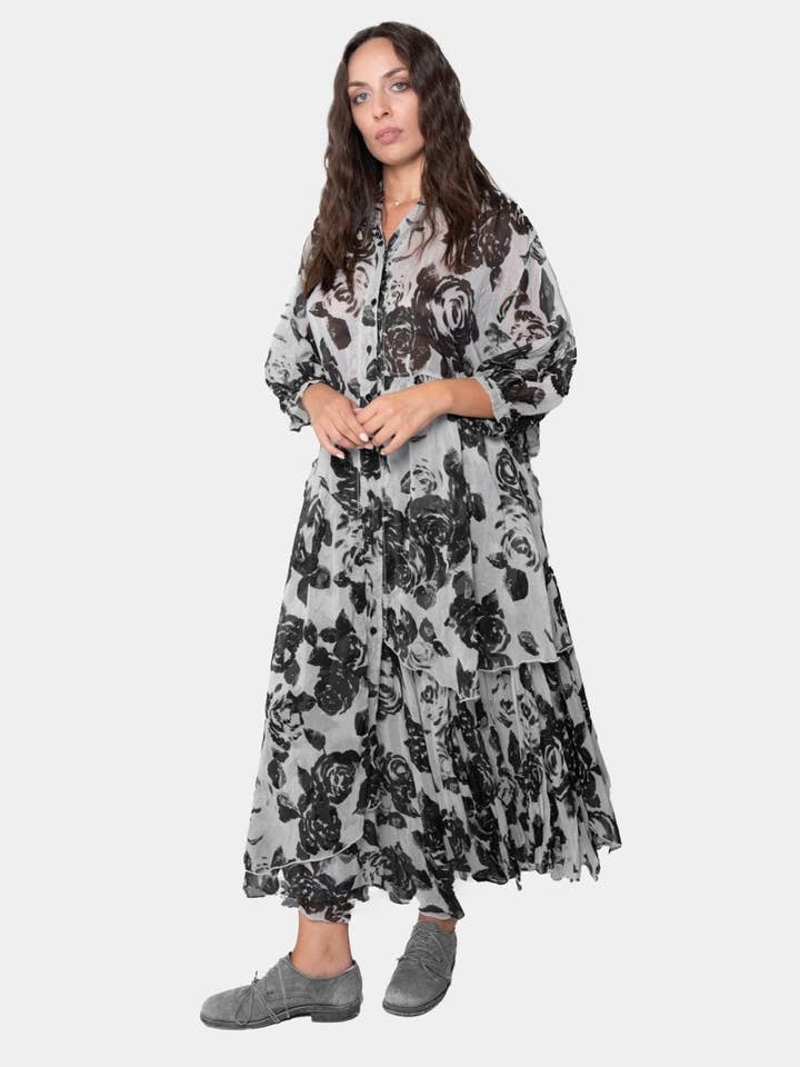 Robe-chemise asymétrique à motif floral pour la vente par Baci & Amici Fashion - US Continental