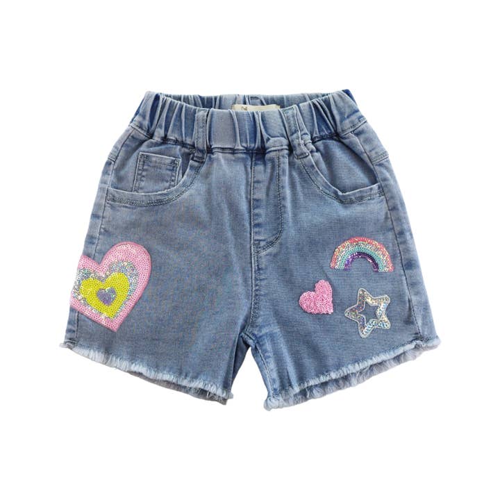 S30 13213 Sequin Heart & Rainbow Denim Shorts for wholesale on Faire