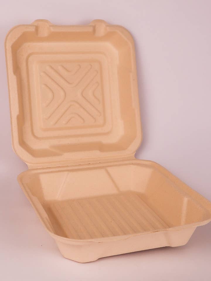 EarthTainers 8" Fiber Clamshell 200/Case for wholesale by GreenTek Planet