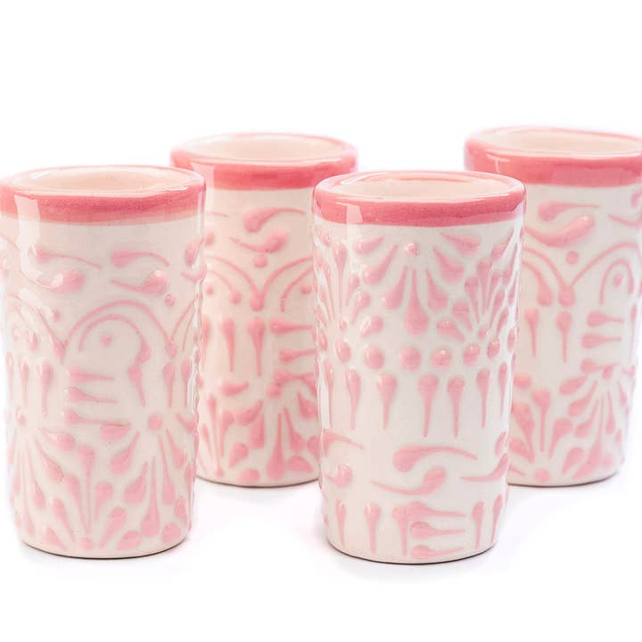 MEXTEQUIL - Wholesale Shot Glass - MEXTEQUIL Talavera Ceramic Shot Glasses - Set of 4 - 2 Oz-Pink Lace