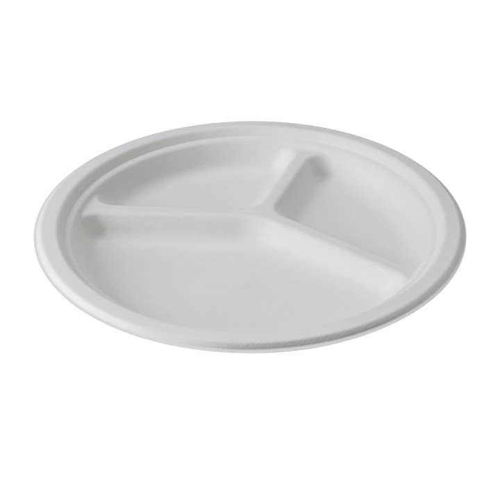 CaliWare 10" 3C No PFAS Added Natural Bagasse Plate - 500/Ct for wholesale by CaliWare