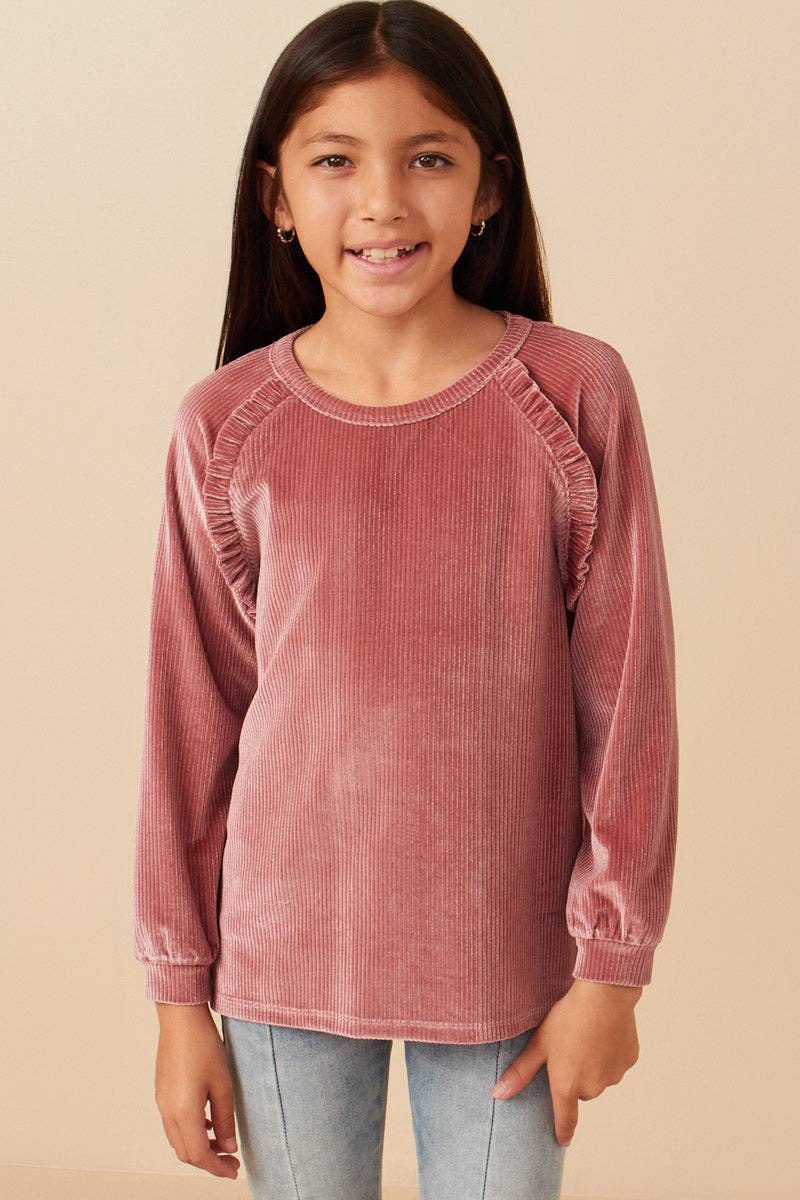 Mauve Haut côtelé à volants et couture raglan pour fille en vente sur Faire5