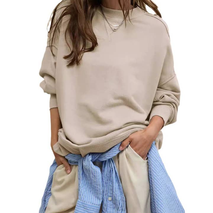 TISANCRE - Wholesale Sweatshirt - Women's - Trend style pullover long sleeve European and American style split sweater round neck solid color loose sweater