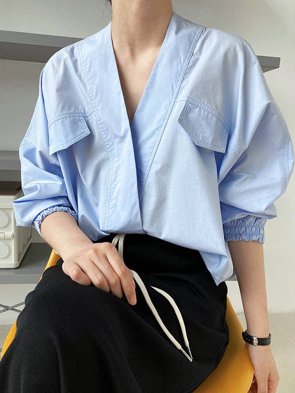 UZ Wholesale Store - Wholesale Button Down Shirt - Women's - Trendy Batwing Sleeves Solid Color V-Neck Blouses1