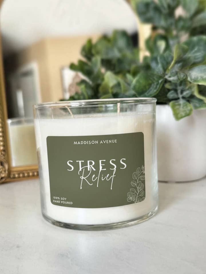 Stress Relief Soy Candle | Hand-Poured Eucalyptus & Spearmint Candle for wholesale by Maddison Avenue Candles Company