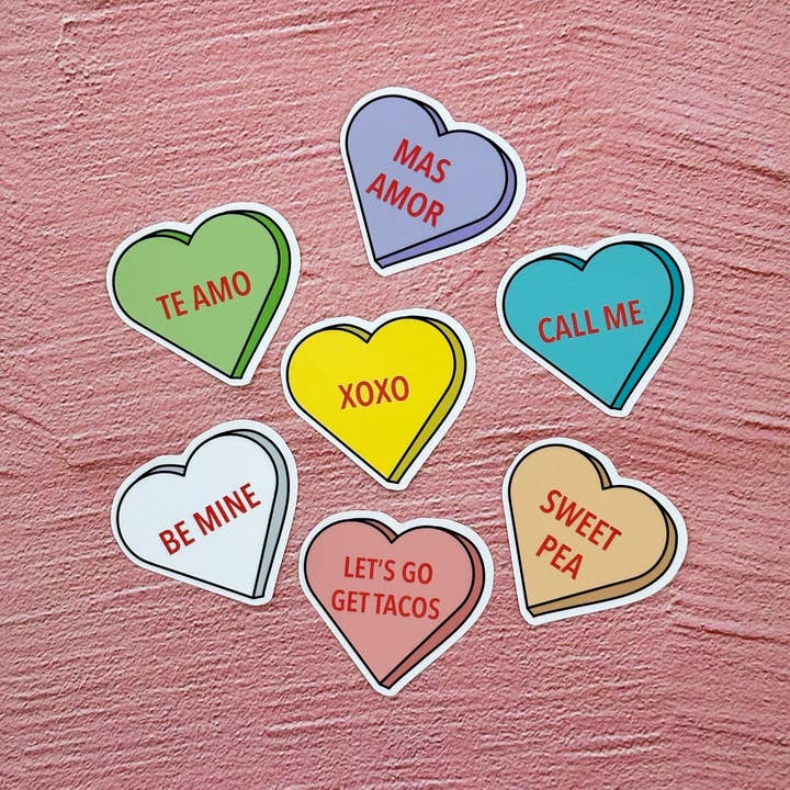 Candy Hearts Sticker Set / Conversation Hearts / Water Resistant Sticker for Water Bottle, Hydro Flask, Yeti, Laptop, Etc. for wholesale by Saguaro Creative Co.