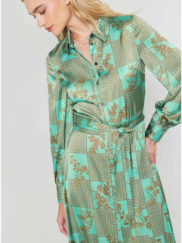 Aqua Green Mlt Floral Printed Button Down Shirt Midi Dress for wholesale on Faire