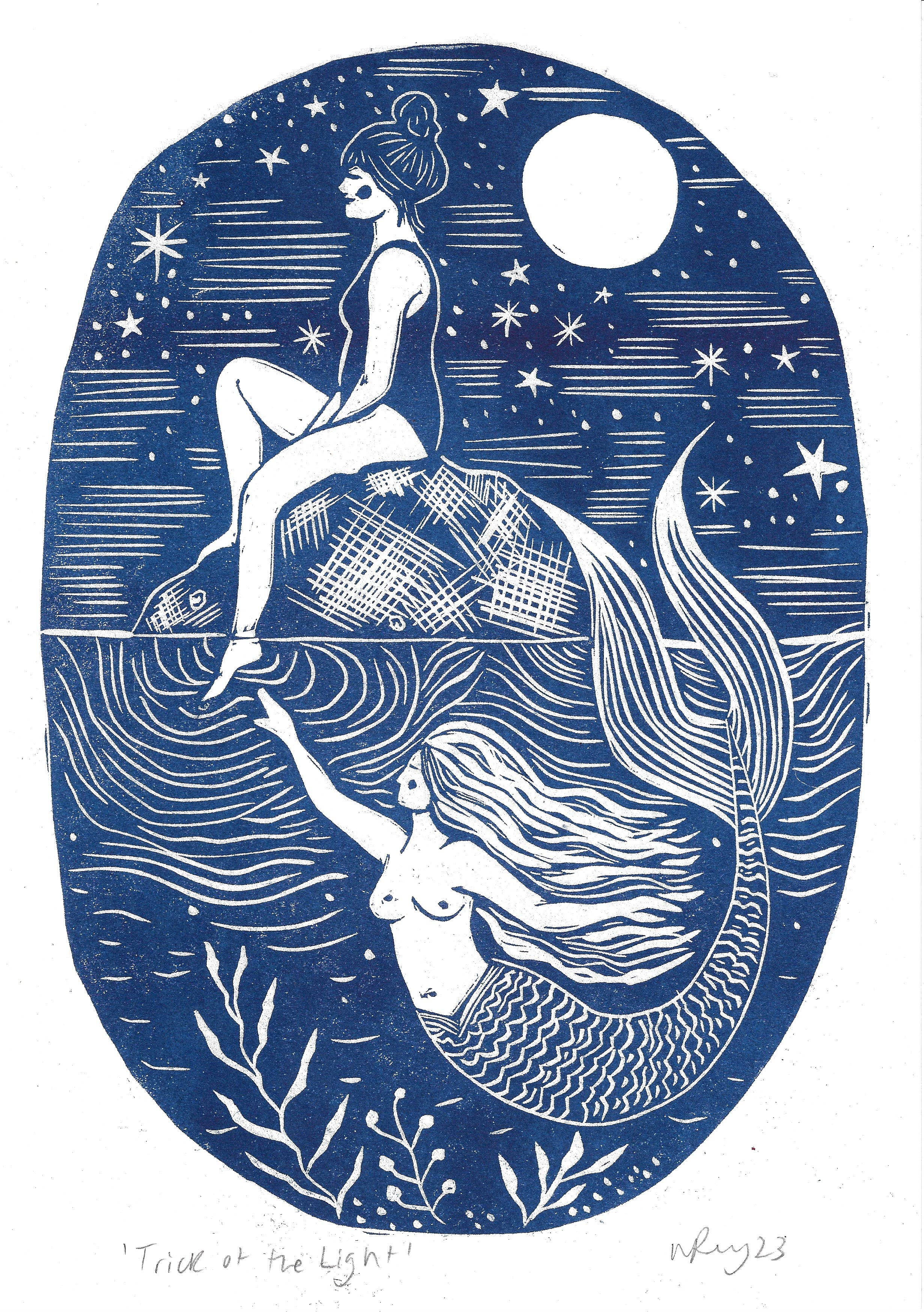 Prints by the Bay - Wholesale Art Print - Trick of the Light riso print, mermaid, swimmer, seaside1