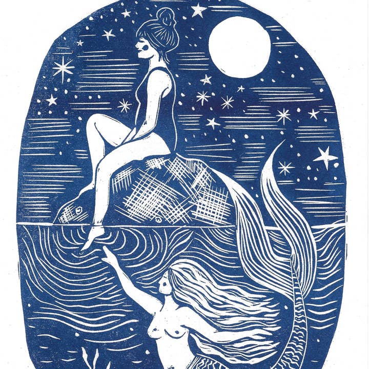 Prints by the Bay - Wholesale Art Print - Trick of the Light riso print, mermaid, swimmer, seaside1