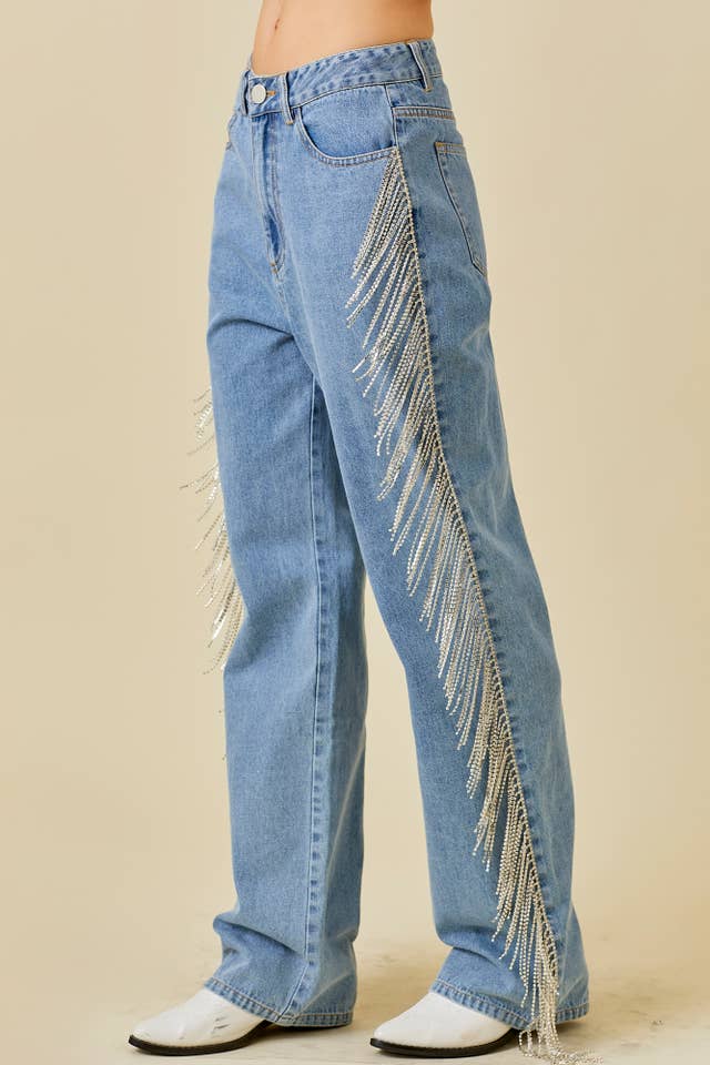 Side And Back Rhinestone Fringe Trim Denim Pants for wholesale on Faire