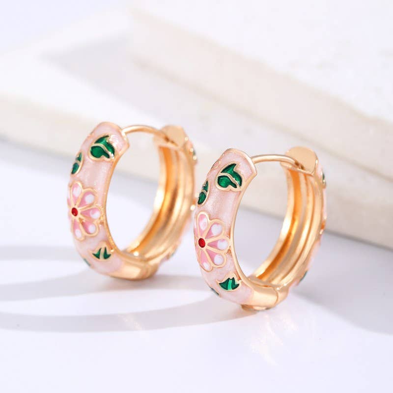 JOSSLYN by wall to wall - Wholesale Hoop Earrings - VINTAGE CLOISONNE ENAMEL FLORAL HOOP EARRINGS  | 40E3581