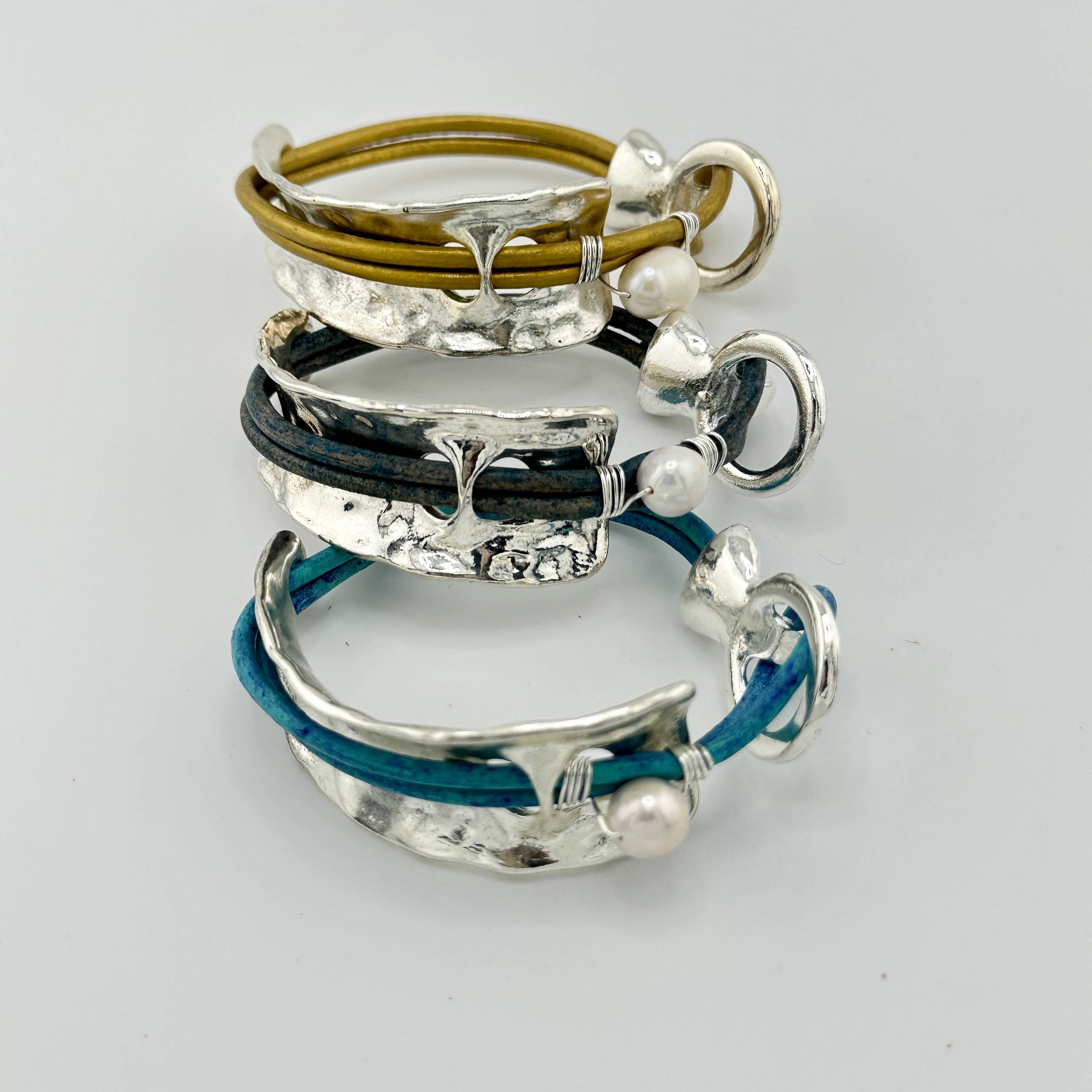 Beauty In Stone Jewelry - Wholesale Bangle Bracelet - Curved Cuff Bracelet With Leather & Pearl 0