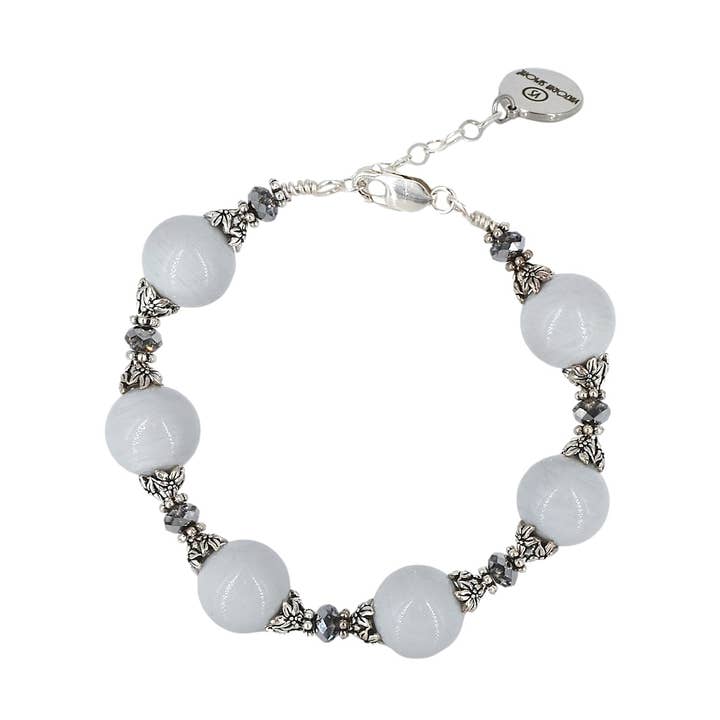 Italian Gray Round Murano Glass and Austrian Crystal Cuff Bracelet with Sterling Silver Clasp for wholesale by Viktoria Simonë