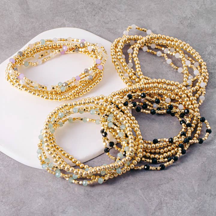 Metallic And Faceted Beaded Elastic Bracelet Set for wholesale by The Looks by Fame Accessories