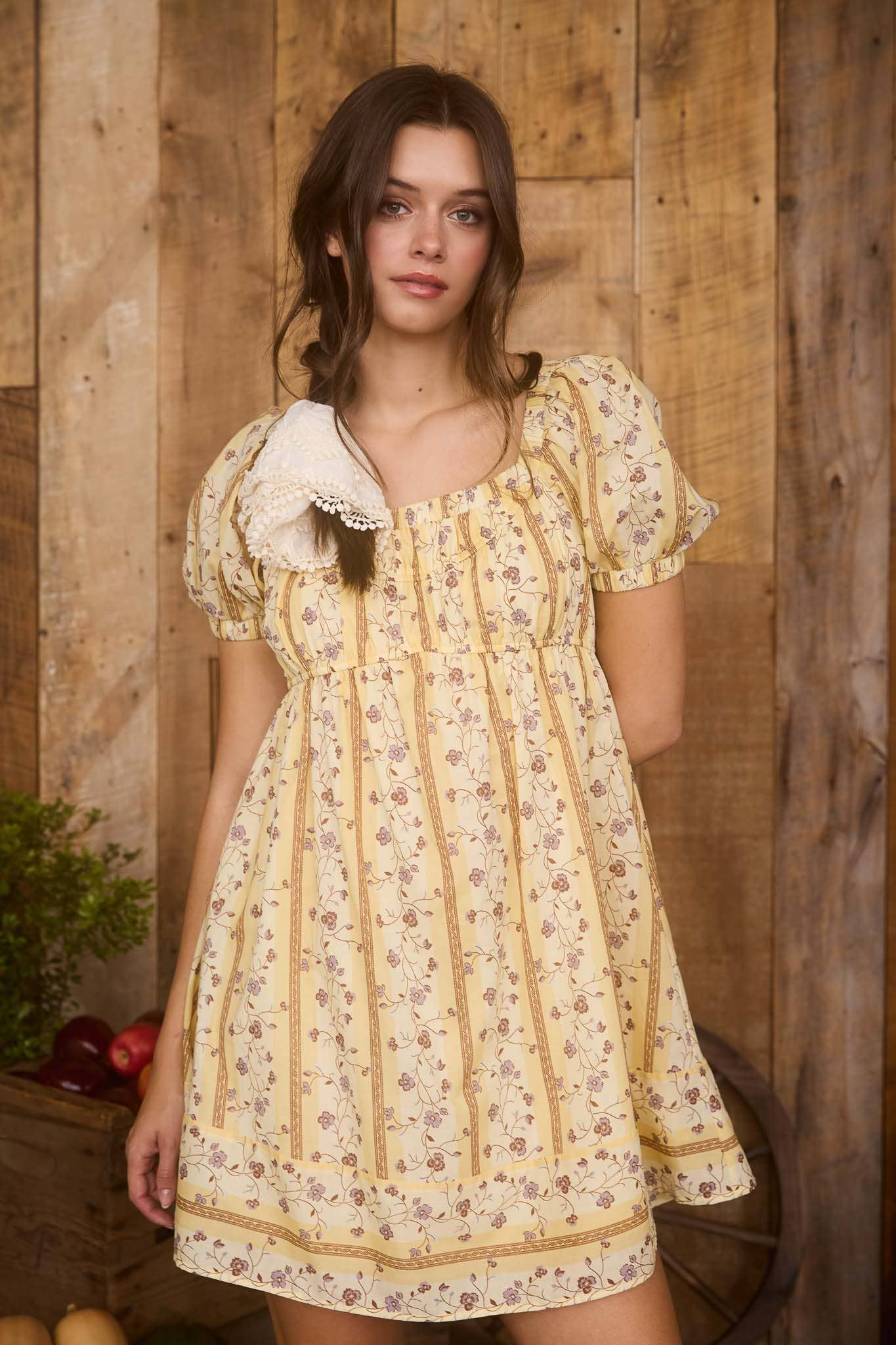 YELLOW MULTI FLORAL STRIPE PATTERN SHORT PUFF SLEEVE MINI DRESS for wholesale on Faire3
