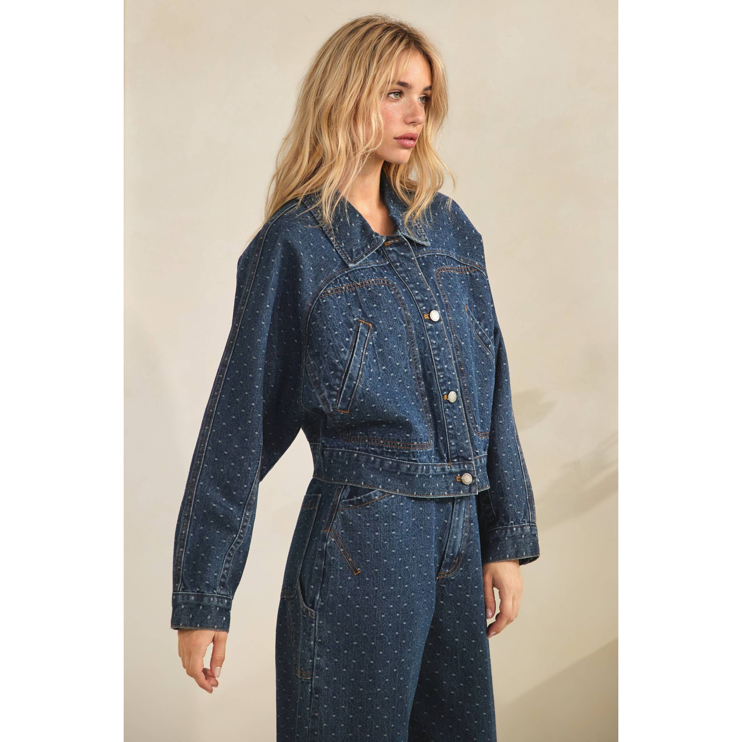 Dark Wash Boho Dotted Denim Jacket for wholesale on Faire2