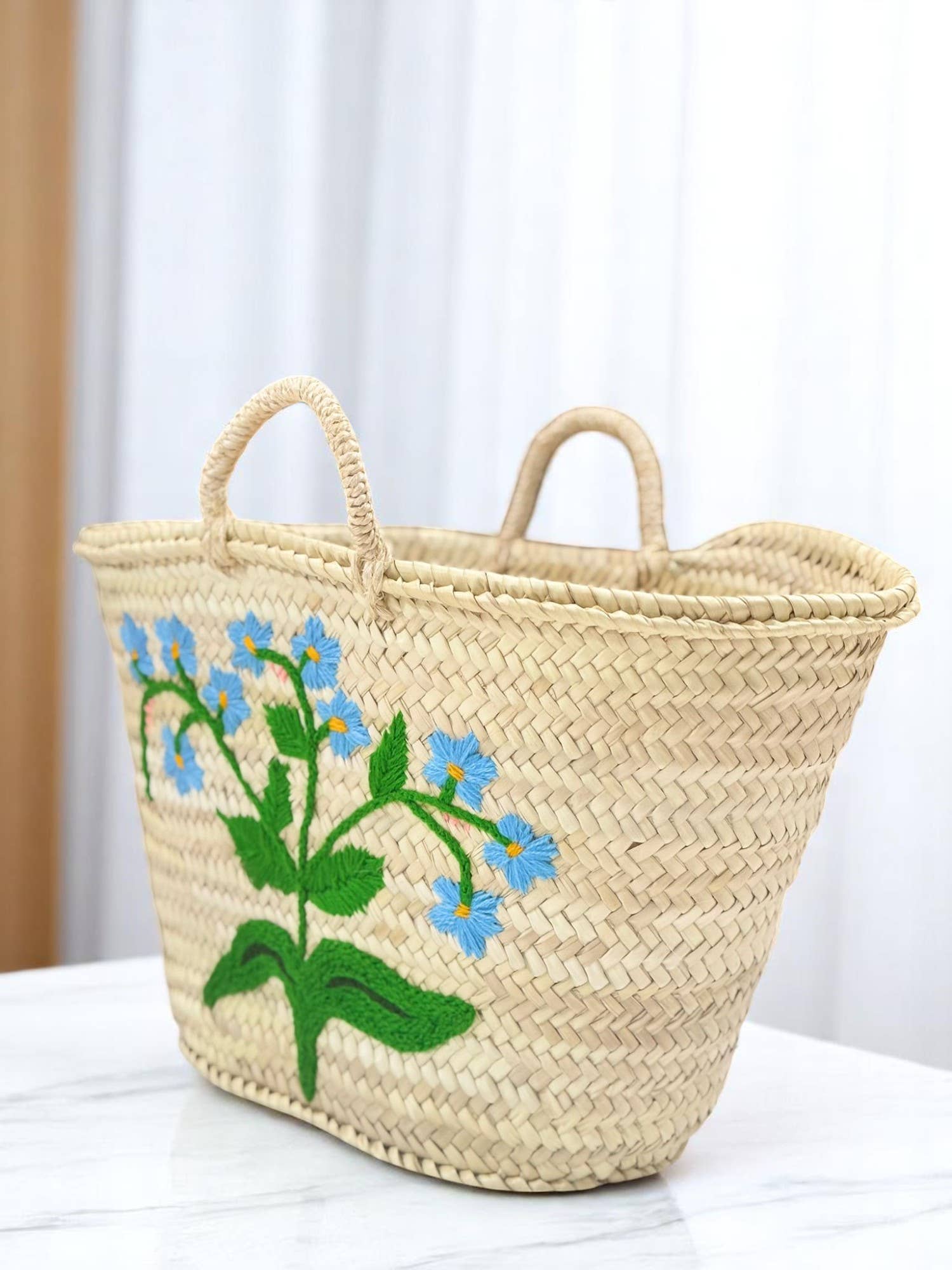 Gran Wholesale - Wholesale Beach Bag - Moroccan Straw Tote with Blue Floral Embroidery3