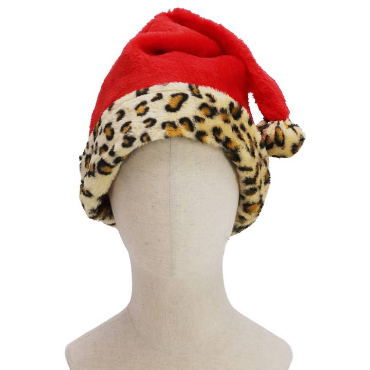 AS SHOWN Exotic Leopard Christmas Fuzzy Fleece Santa Hat for wholesale on Faire1