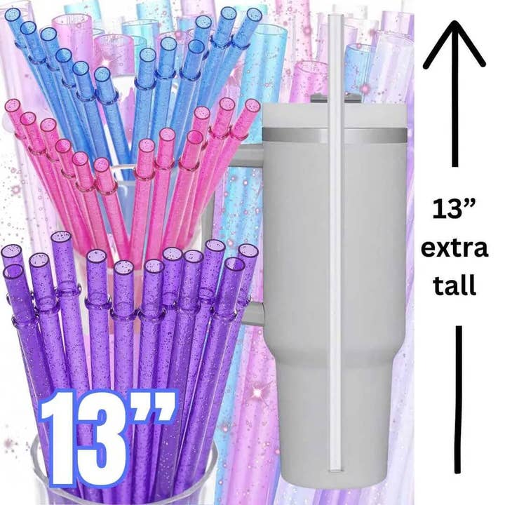 Kims Korner - Wholesale Drinking Straw - Extra TALL 13" Glitter Reusable Plastic Individually Wrapped Straws *IN STOCK NOW*