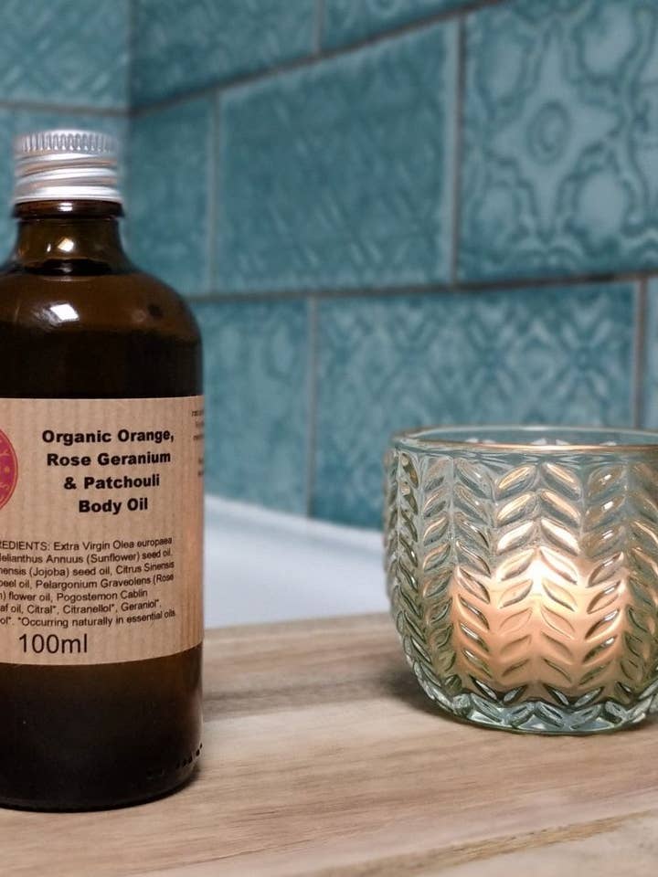 Organic Orange, Rose Geranium & Patchouli Body Oil for wholesale by Heavenly Organics Skin Care