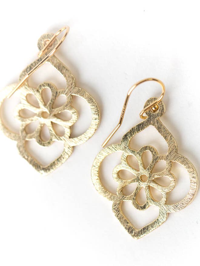 Brushed Gold Small Flower Statement Earrings for wholesale by Anne Vaughan Designs Jewelry