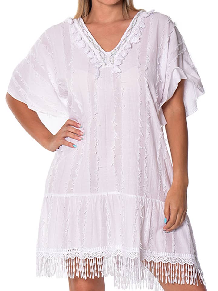 Couvre-maillot de bain pour femme en coton blanc à franges par AZUCAR - LCT234 pour la vente par Azucar & Bohio