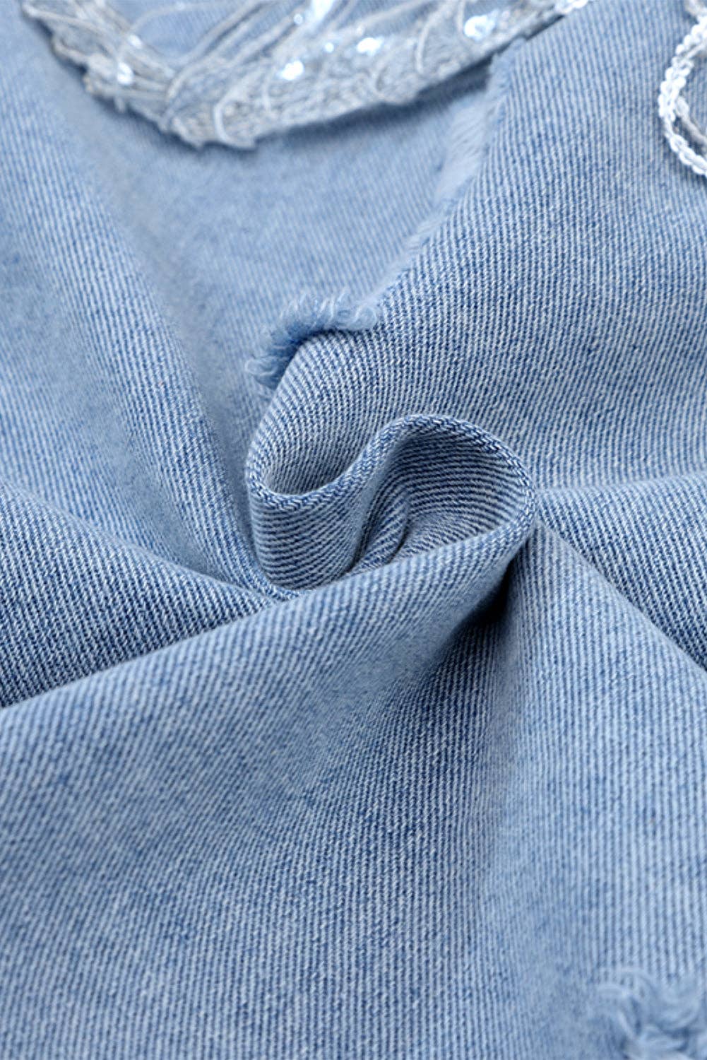 Sky Blue Sequin Embellished Fringe Distressed Denim Jacket for wholesale on Faire15