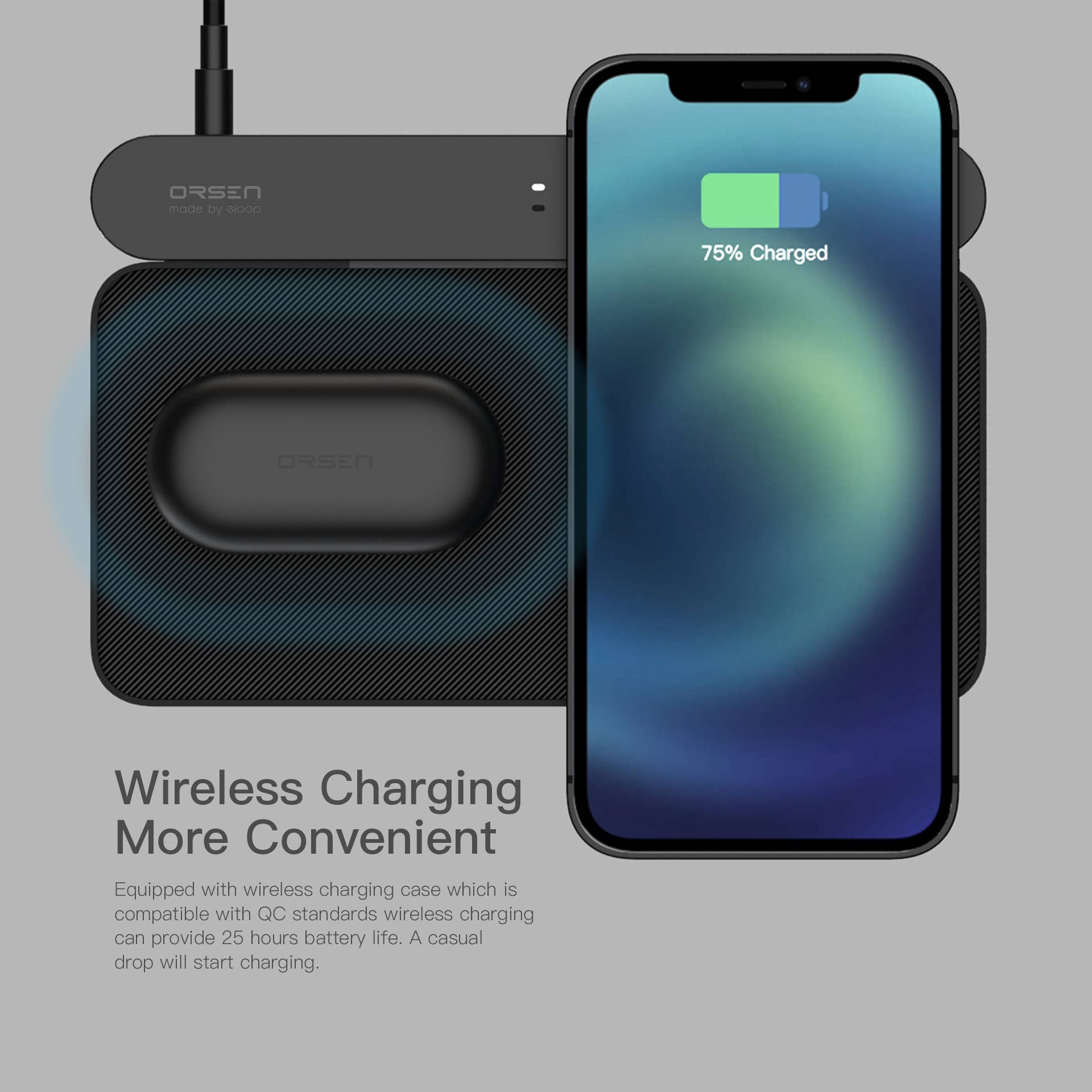 White TWS Bluetooth Earphone ORSEN T3 with wireless charging case, for wholesale on Faire10